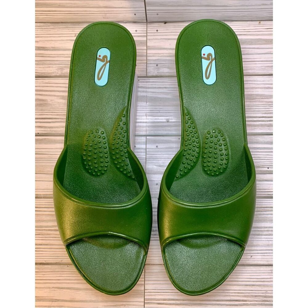 Oka B Slide Slip On Open Toe Heels In Army Green - image 5